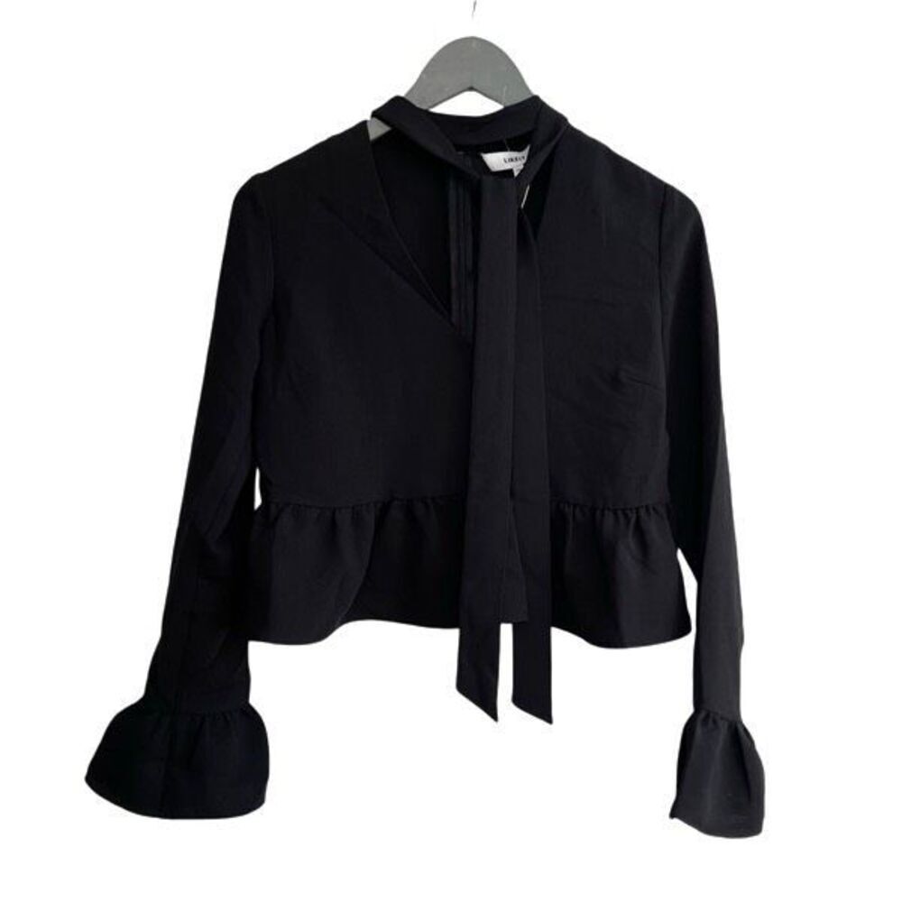 Likely Womens Ruffle Bell Cuff Long Sleeve Crop Lettie Peplum Top Black‎ XS NWT